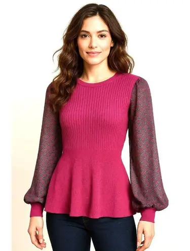 89th Madison NWT Medium Sheer Magenta Haze Knit Peplum Top Mesh Balloon Sleeves Purple