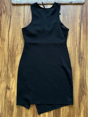 Soprano black bodycon dress with lace up neckline and asymmetrical off set hem