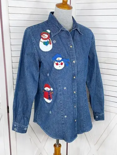 Westbound Snowman Appliqué Embroidered Denim Shirt Blue Medium Button Up