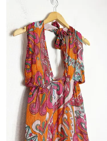 Sundress Amina Dress Size Large Fuchsia orange Print Halter Neck Asymmetric Hem