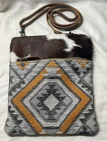 Myra Aztec Western Southwestern Hairon Leather Canvas Crossbody Bag Purse NWOT Orange
