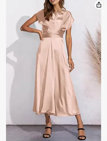 PRETTYGARDEN Women's 2023 Summer Satin Midi Dress Cap Sleeve Tie Waist Elegant A-Line Flowy Dresses