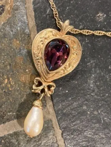 Amethyst Vintage 80s Avon Heart w/ Tear Drop Pearl Dangle Pendant
