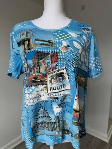 Bonworth Vtg Y2K All Over Print Route 66 USA Landmarks Graphic Tee Blue Travel Shirt MP