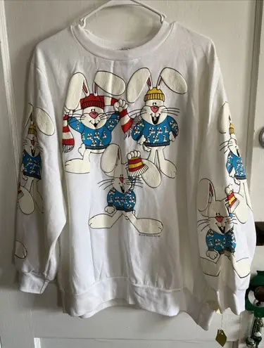 BJ Frog Sweatshirt Men’s Size L Snow Bunnies Print White CrewNeck 80s DEADSTOCK Size L