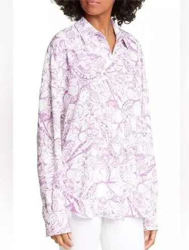 Tibi Isa Toile Printed Crepe de Chine Shirt in White & Purple - Image 1