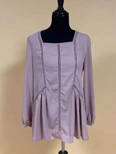 Ro & De  Mauve Pink Long Bishop Sleeve Embroidered Inset Blouse Top Size XS