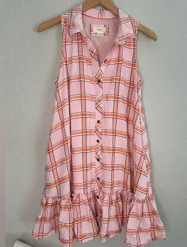 Maeve Flounced Mini Shirt Dress Babydoll Pink Plaid Button Up Summer Preppy