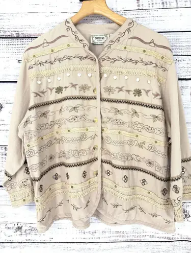 Vintage 90s Tantrums Khaki Jacket Embroidered Floral Button Size 2X Artsy