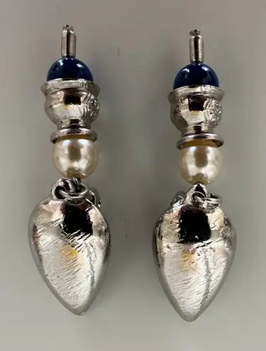 Vintage Silver Tone Clip On Drop Earrings with Pearl and Cobalt Accents