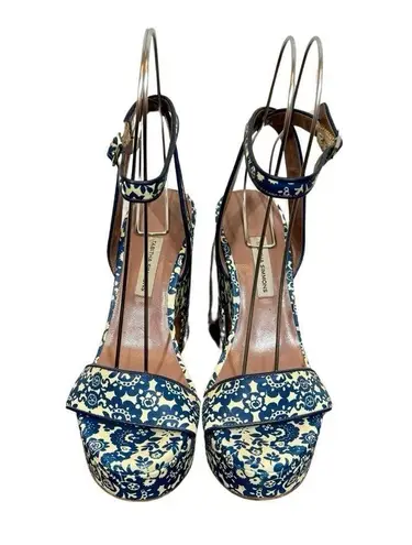Tabitha Simmons Calla Blue & Ecru Floral Printed Leather Platform Heels Sandals Size 8