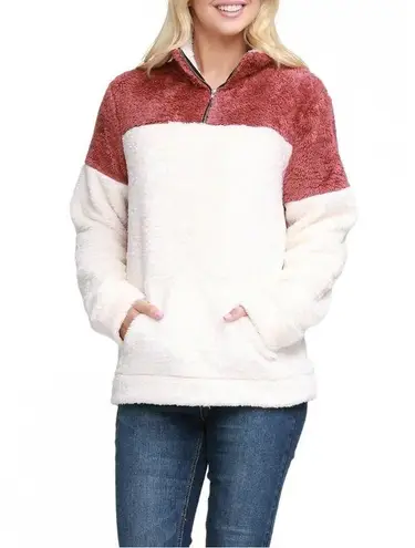 NWT Doublju Women's Soft Teddy Fleece Quarter Zip Pullover with Pocket Size 1X Pink