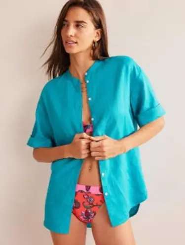 Boden Kimono Sleeve 100% Linen Shirt Swim Coverup Women's 14 Blue Resortwear NWT