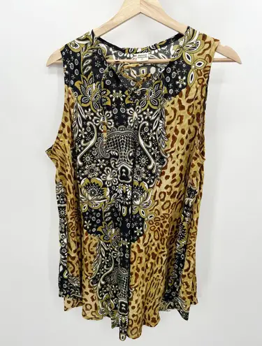 Seven Island Top Women 2X Black Brown Tan Paisley Print Sleeveless Caged Front