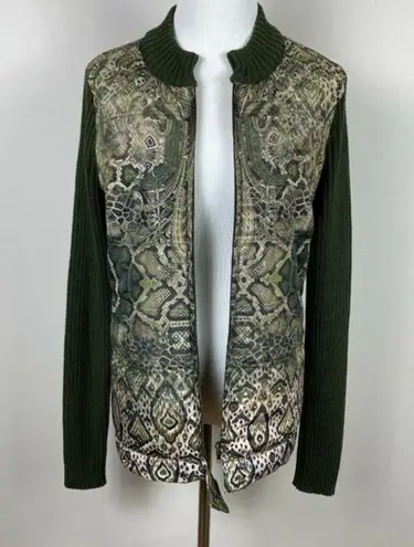 One World  Sweater Jacket XL Full Zip‎ Ribbed Knit Printed Green Long Sleeve