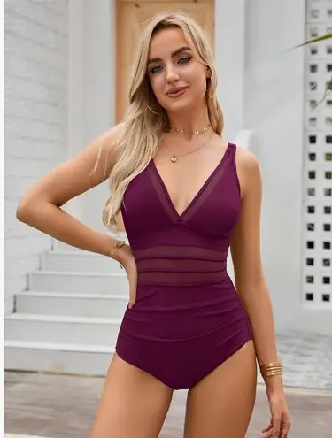 BMJL Tummy Control Mesh One Piece Bathing Burgundy Women’s Size Medium NWT Pink