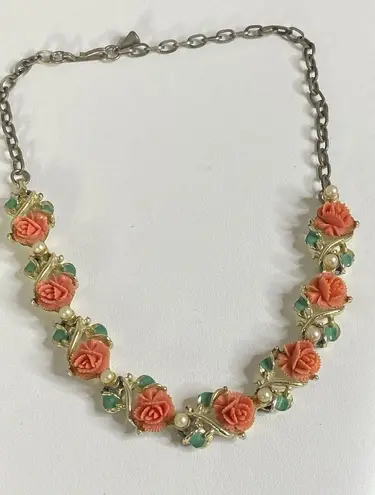 Vintage Celluloid Pink Lucite Rose Flower Gold Choker Coquette Necklace Pearls