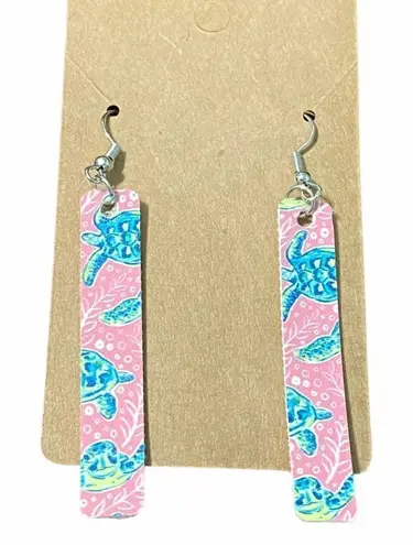Sea Turtles Bar Dangle Drop Earrings Pink Teal Pink