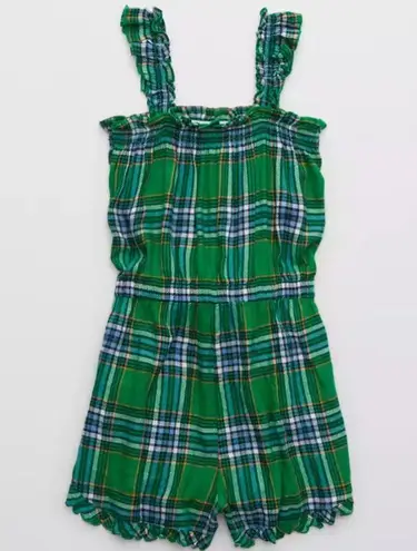 Aerie NWOT  Flannel Pliad Romper Tie Detailing Green Blue Super Soft Small