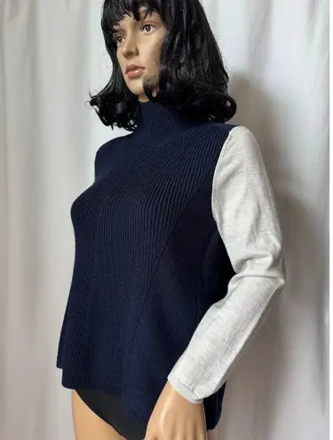 Karen Millen Mock Neck Wool Blend Sweater navy gray sleeves small