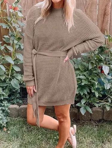 NWT Cozy Waffle Knit Crewneck Sweater Dress with Belt Tan Size Medium