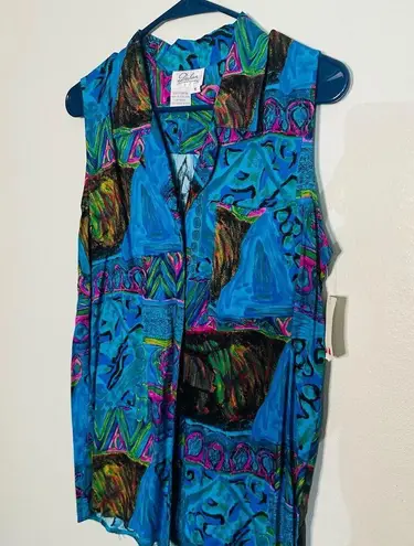 Dahan Blue Purple Funky Design Sleeveless Collared Button Up Tank Top Size M Size M