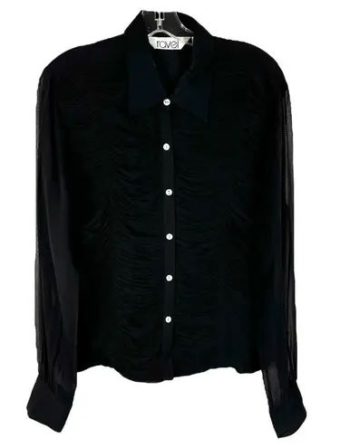 VTG Ravel Large Top Silk Semi Sheer Ruffled Gathered Front Pearl Button Up 364 Black