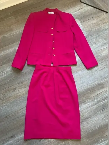 Oleg Cassini VTG Blazer Suit Wool Set Skirt Magenta Fuschia Pink Size 10 S M