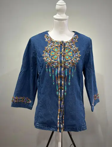 Bob Mackie Vintage Tribal Denim Shirt Size L EUC