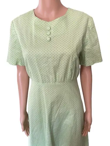 Handmade Vintage 70s Green White Geometric Modest Cottagecore Prairie Maxi Dress Size M