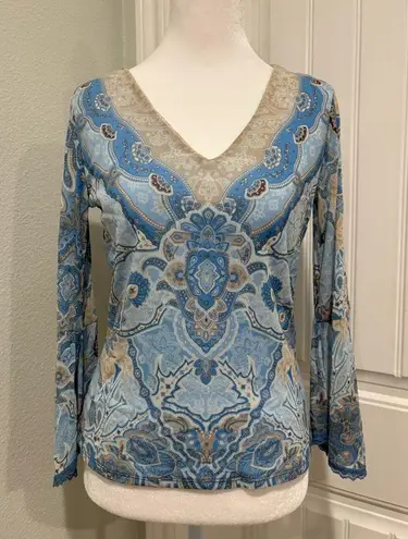 Preston & York Y2K Light Blue and Cream Paisley Blouse Size S