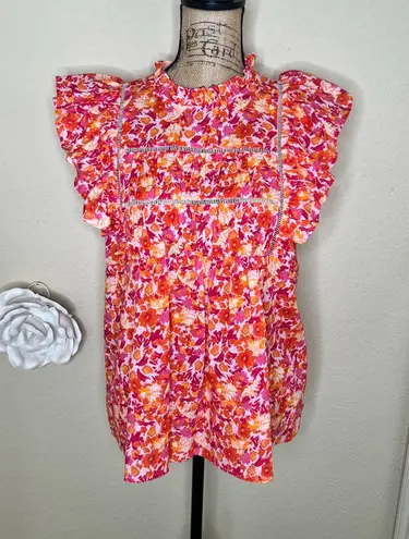 Entro NTM: Sunset Dream Mock Neck Ruffle Sleeve Babydoll Orange & Pink Top Sz M