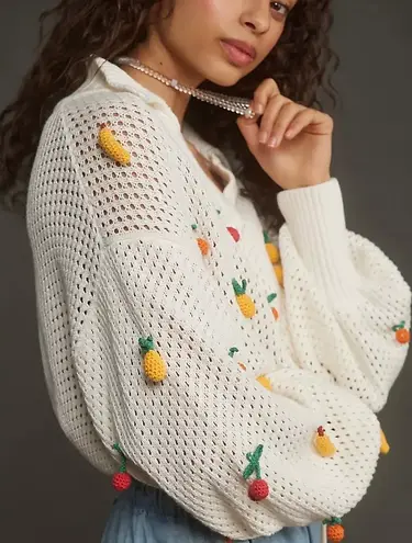 Farm Rio Crochet 3D Fruit Embellishments Sweater, Size M