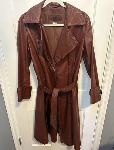 Vintage 100% Leather Red Belted Trench Coat Size 11/12 70s Burgundy