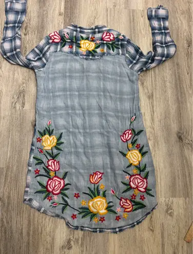 Kyla Seo Plaid Tunic Dress Embroidered Flowers Button Up Size Large Blue