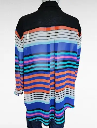Bisou Bisou Blue Orange Striped Sheer Tunic Button Down Size XL