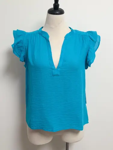 Honorine Mare Blue Gauze V Neck Ruffle Short Sleeve Luna Crinkled Top New Medium