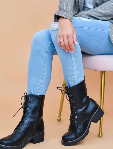 Refresh Black Lug Sole Mid Calf Combat Boot