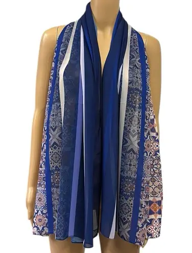 Blue White Long Rectangular Sarong Shawl Blanket Scarf Wrap 27 x 64 Inches