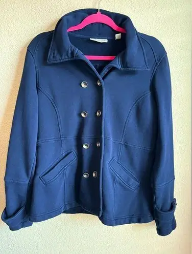 Coldwater Creek Navy Double Breasted Pea Coat Style Sweater With Detachable Hood