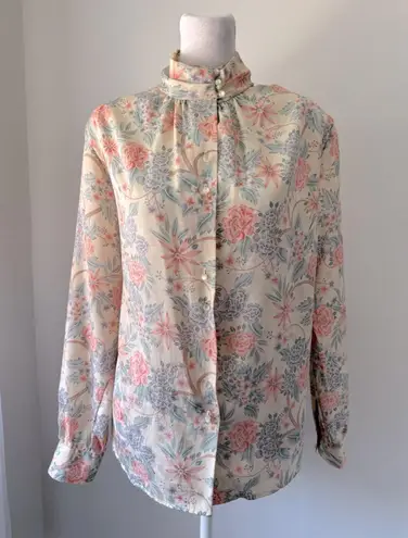 Vintage ‘80s Inner Visions by Ship ‘n Shore Cream Floral Print High Neck Blouse Pink Size L