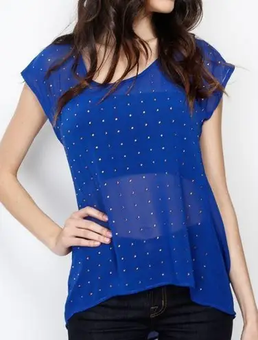 NIKIBIKI NEW Sheer Blue Top With Gold Rhinestones