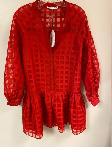 English Factory Women's Check Organza Buttoned Long Sleeves Red Mini Dress
