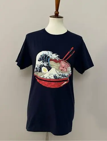 Ramen Noodles Graphic Tee Shirt Crewneck Waves Chopsticks Bowl Cotton Blue Red