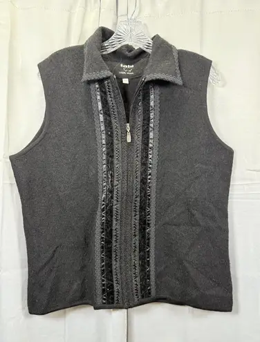 Tabi Vest Womens Large Black 100% Wool Zip Front Velvet Trim Embroidered Collar