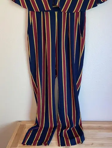 Lulumari Off-Shoulder Sleeveless Striped Jumpsuit Jumper Size M Navy Red Gold
