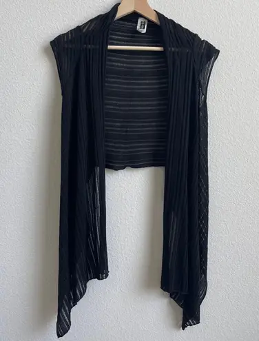 Mi & Rena Vintage Black Semi Sheer Stripe Short Sleeve Drape Crop Cardigan Top