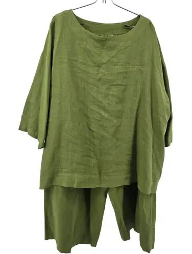 Bryn Walker Linen Set Tunic Top Pants Green Oversized Crop Wide Leg Pants Large