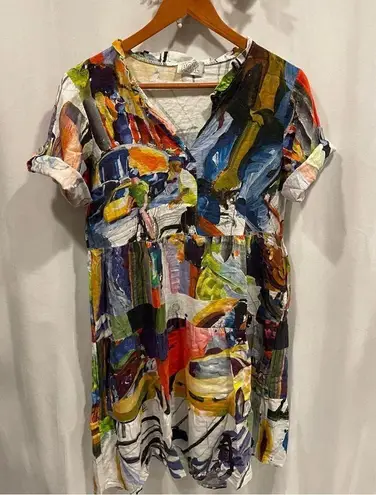 AQRL abstract art roll sleeve Basquiat ruffle mini linen blend breezy boutique Red