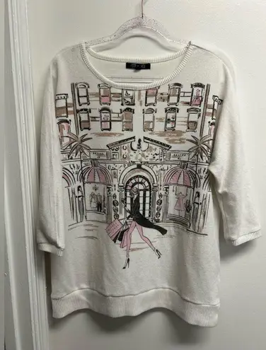 Chic Graphic Sweater with Pink and Black Accents White Size XL
